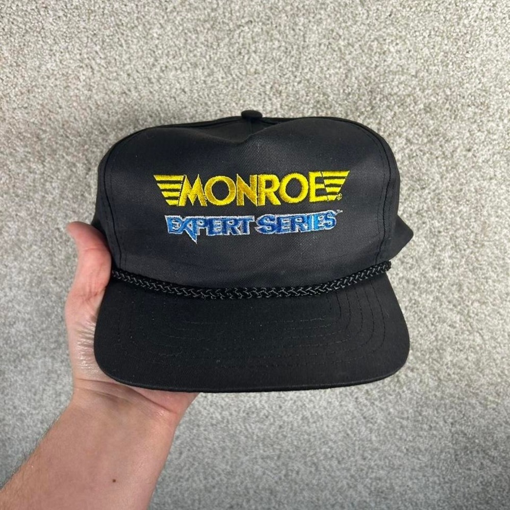 Vintage 80s black racing roped trucker style leather strap back hat cap
